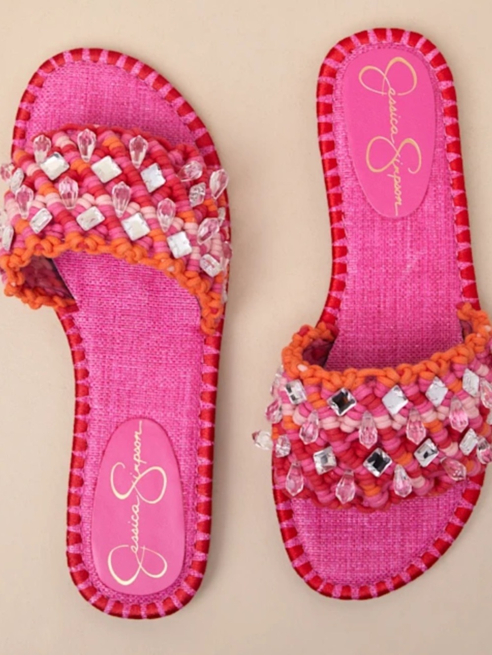 Jessica Simpson Hot Pink & Orange Beaded Braided Slide Sandals